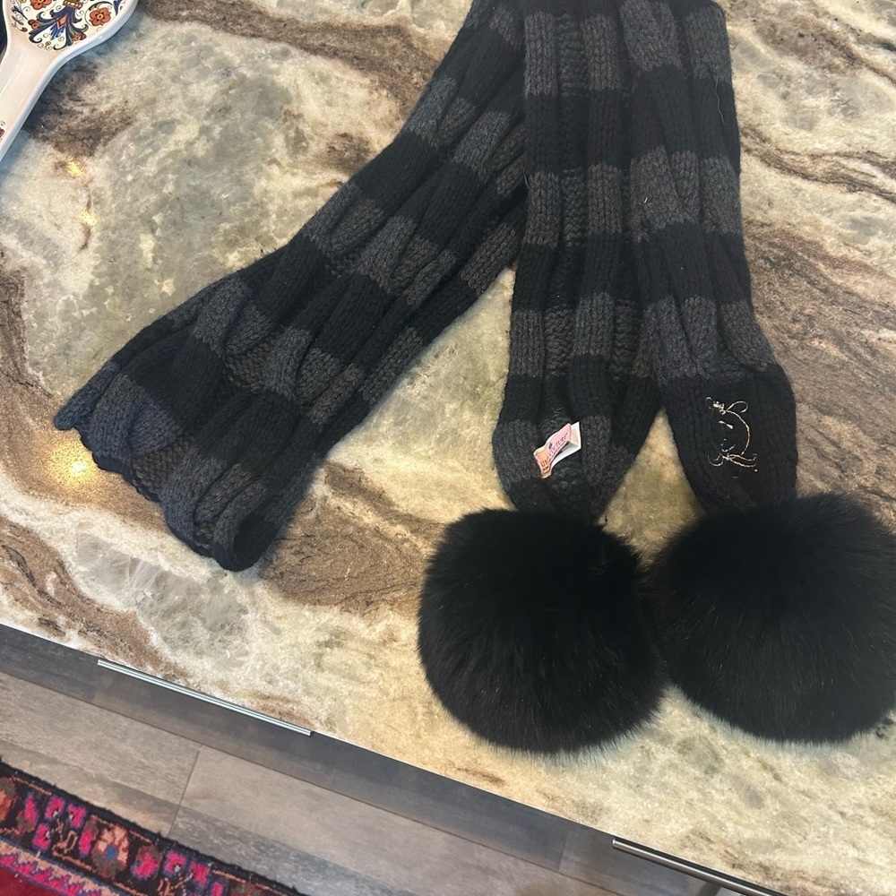 Juicy Couture Black and Gray Knit Scarf with Pom Poms some piling but GUC
